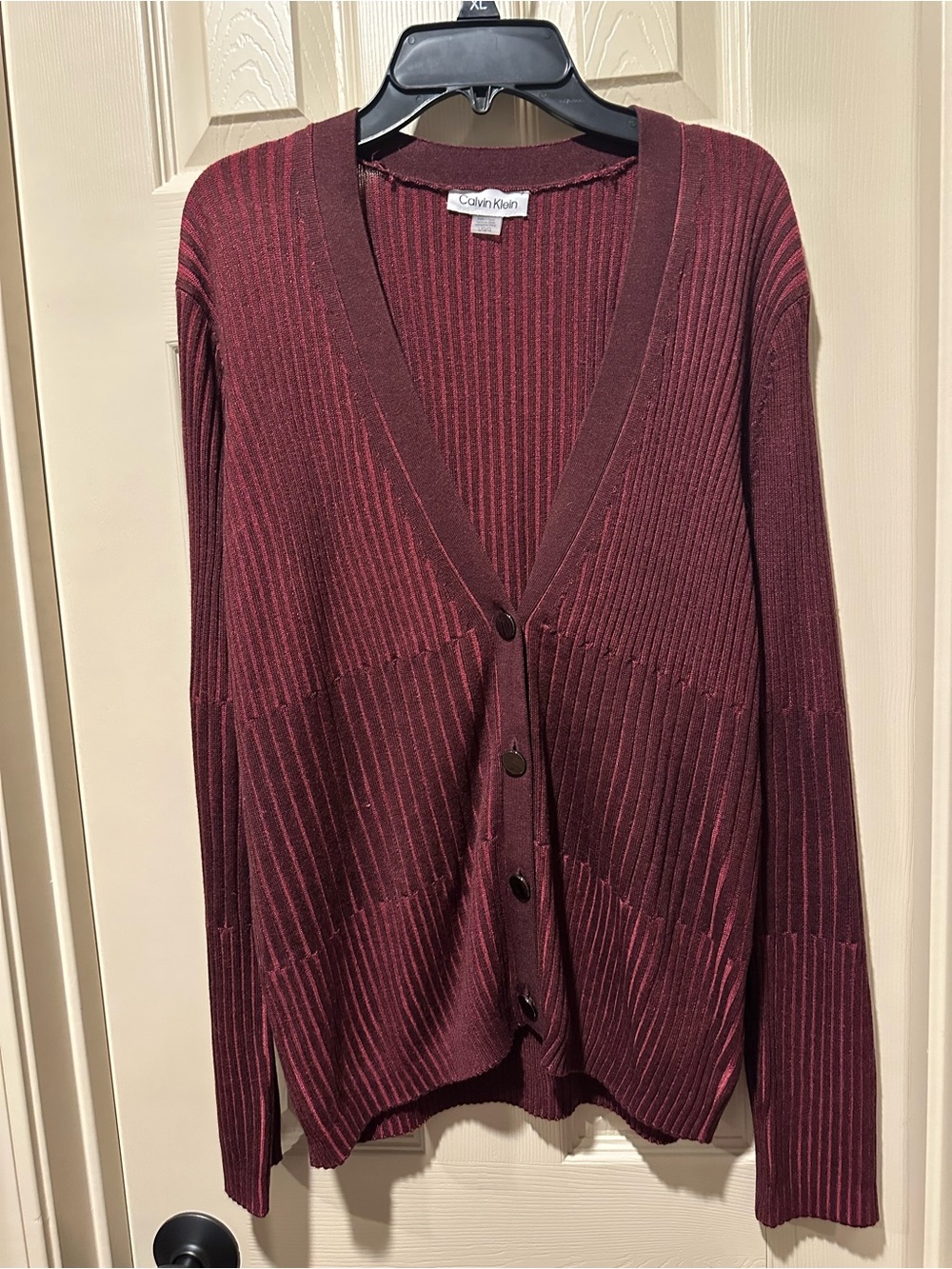 Calvin Klein Ribbed Burgundy Button-Front Cardigan